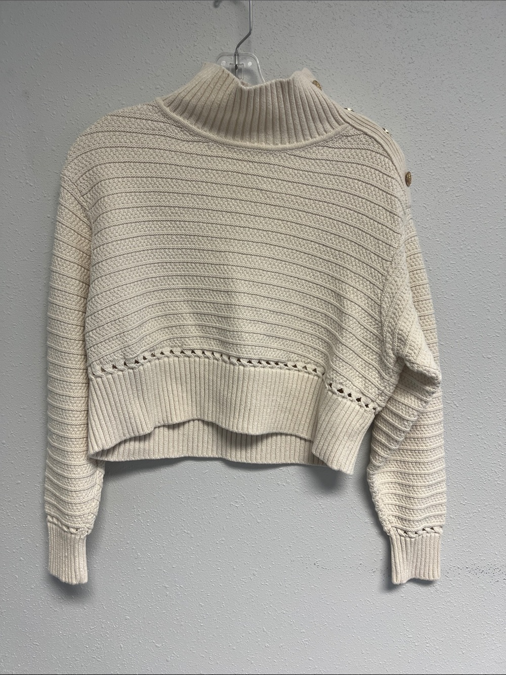 Cropped Cream Turtleneck Button-Shoulder Sweater